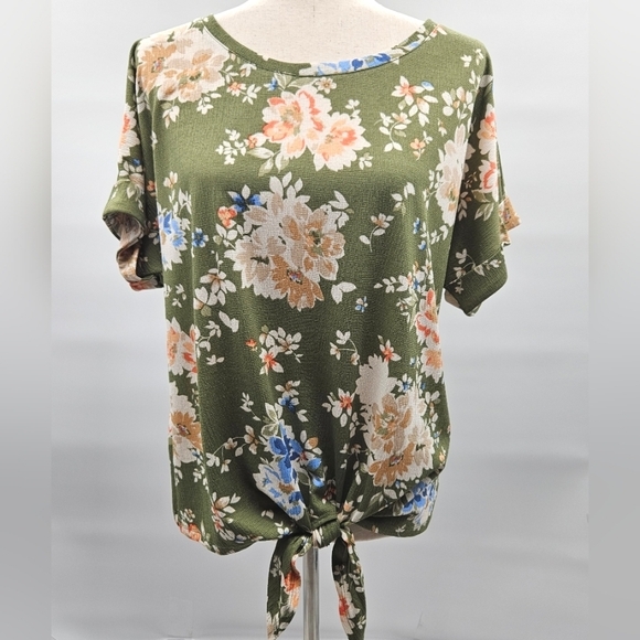 Emily Daniel Short Sleeve Tie Front Green Floral Top With Stretch Size Large‎ - Picture 1 of 11
